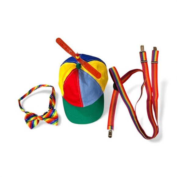 Tweedle Dee Or Tweedle Dum Costume Set With Propeller Hat Rainbow Bow Tie & Susp - Picture 2 of 3